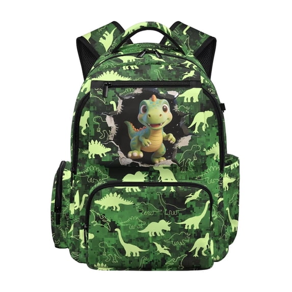 KUIFORTI Green Dinosaur Boys Backpack Kids School Bag 17 Inch Polyester with Side Pockets Comfortable Adjustable Straps for Students for Elementary