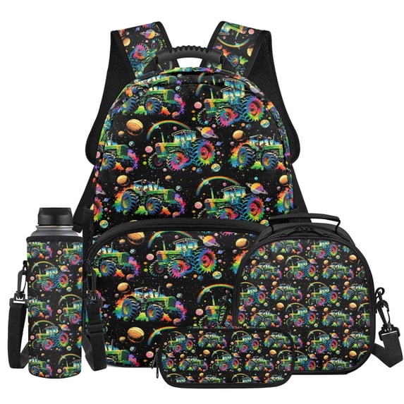 KUIFORTI Green Tractor 4PCS Boys School Bag Set with Lunch Box Pencil Pouch Water Bottle Sleeve for Elementary Primary Middle School Kids Back to School Essentials Gifts Gifts