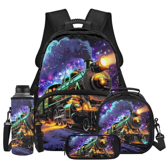 KUIFORTI Green Train Fashion Children Backpack Lunch Box Pencil Pouch Set 4PCS for Elementary Middle School Boys Girls Back to School Supplies
