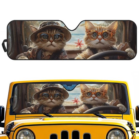 KUIFORTI Grey Cat Sunshade Windshield Cover Easy-Fold Sun Visor Blocks UV Rays Sunshade Keep Car Cooler Heat Sun Shield Accessories Suitable for Jeep Wrangler JL JLU & Jeep Gladiator