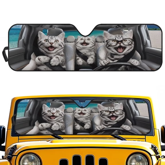 KUIFORTI Grey Cat Windshield Sun Shade Foldable Keep Car Cooler Sun Visor Blocks UV Rays Sunshade Sunshade for Car Front Window for Jeep Wrangler JL JLU & Jeep Gladiator