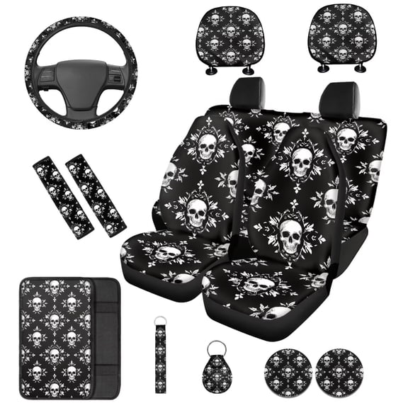 KUIFORTI Halloween Skulls Car Seat Covers Full Set 14 Pcs with Auto Center Console Pad Steering Wheel Cover Seat Belt Pad Cover Cars Headrest Covers for Cars Sedans and SUVs