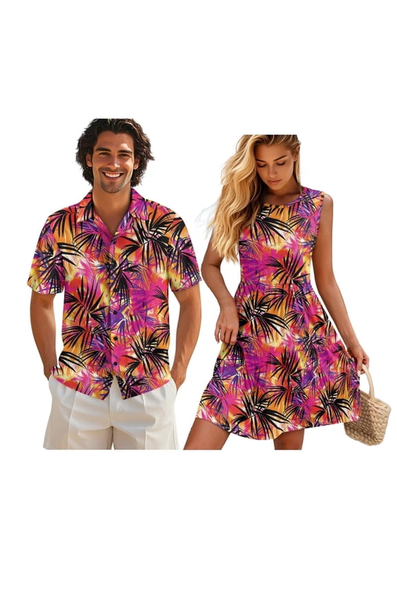 Hawaii Matching Couple Outfits Pink Palm Leaf His and Hers Summer Outfits Lightweight Loose Swing Sundresses with Soft Fabric Round Neck Fit for Honeymoon Trip