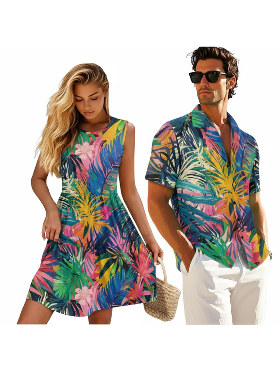 Hawaii Matching Couple Outfits Tropical Floral His and Hers Summer Outfits Lightweight Loose Swing Sundresses with Soft Fabric Round Neck Fit for Honeymoon Trip