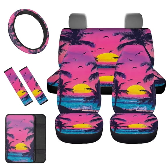 KUIFORTI Hawaii Sunset Front and Rear Car Seat Cover Full Set Coconut Palm Steering Wheel Covers Auto Center Console Cover Pad Cushion Seat Belt Pads for Cars,Trucks&SUVs