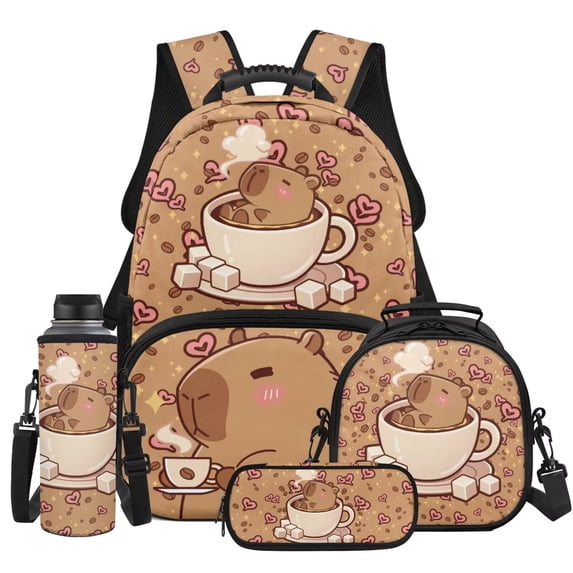 KUIFORTI Heart Capybara 4PCS Kids Backpack Set with Lunch Box Pencil Case Water Bottle Sleeve for Elementary Middle School Boys Girls Back to School Gift