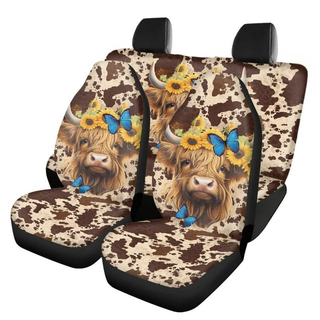 KUIFORTI Highland Cow Car Seat Cover Auto Accessories Interior 4Pcs, Front Seat Protector Auto Seat Rear Split Bench Cover Universal Automotive Seat Cover Accessories