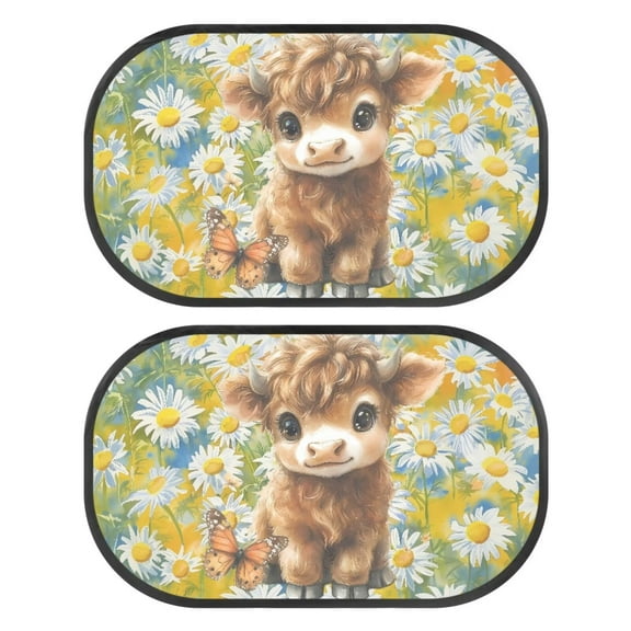 KUIFORTI Highland Cow Car Window Shade (2 Pack)- Daisy Car Window Sun Shade for Baby Proven to Block 99.95% UVR - Reusable Side Window Sun Shade for SUV Sedan Truck Van