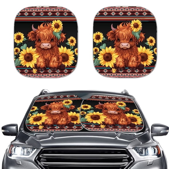 KUIFORTI Highland Cow Car Window Shades - Boho Car Accessories for Women | Silver Reflective Sunshade for Front Windshield | Heat Resistant Easy Storage Foldable Design