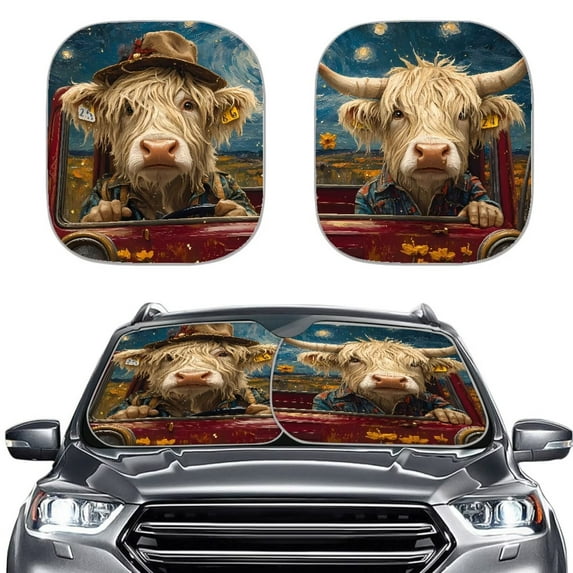 KUIFORTI Highland Cow Sun Shade Car Windshield, Foldable Automotive Interior Sun Protection, UV Ray Sun Visor Protector to Keep Your Vehicle Cool, 2 Pack