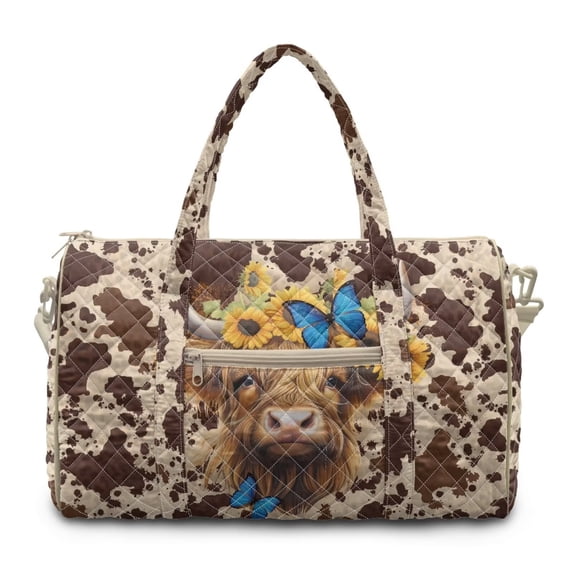 KUIFORTI Highland Cow Sunflower Print Quilted Duffle Bag for Women Weekender Travel Tote Gym Yoga Work Carry On Bag with Zipper, Soft Carryall for Overnight Trips
