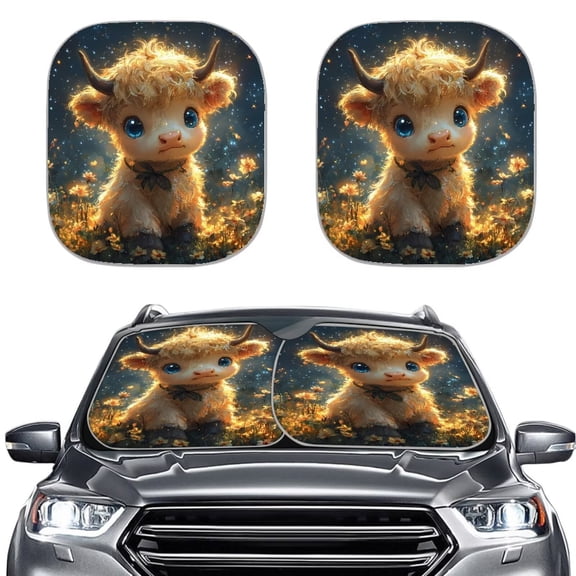 KUIFORTI Highland Cow Windshield Sun Shade Foldable Front Windshield Shade for Sun, Heat and UV Rays, 2 Piececs Sunshade for Car Windshield and Interior Sun Protection