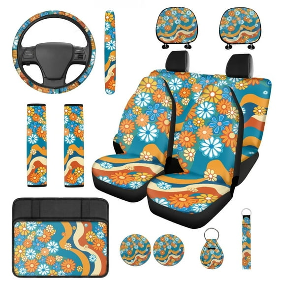 KUIFORTI Hippie Floral Car Seat Covers Full Set Set 14 Pcs with Car Headrest Covers Cars Steering Wheel Cover Auto Seat Belt Cover Wristlet Keychain for Cars Sedans and SUVs