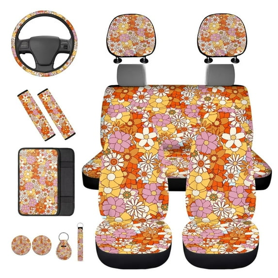 KUIFORTI Hippie Flower Automobile Seat Covers Set of 14 with Auto Center Console Armrest Pad Car Steering Wheel Cover Auto Seat Belt Cover Car Headrest Covers for Most Cars