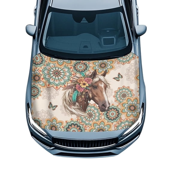 KUIFORTI Horse Floral Car Hood Cover Protector, Easy to Install Durable Hood Wrap Fade-Resistant, Automotive Accessory Fits Most Sedans SUVs Trucks Pickups