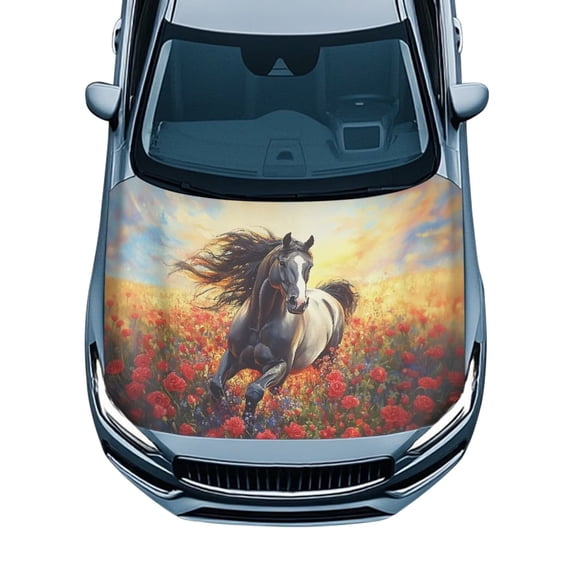 KUIFORTI Horse Floral Print Car Hood Cover, Stretchable Fade-Resistant Easy Install Hood Wrap Protector, All-Weather Automotive Accessories Decoration Fits Most Sedans Trucks SUVs Pickups