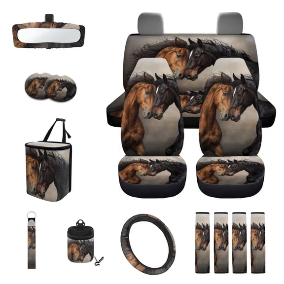 KUIFORTI Horse Print Car Seat Covers Full Set 15 Piece Seat Covers Steering Wheel Cover Seat belt Cover Pad Cup Coasters Car Garbage Bag Air Vent Storage Bag Rear View Mirror Cover Keychain