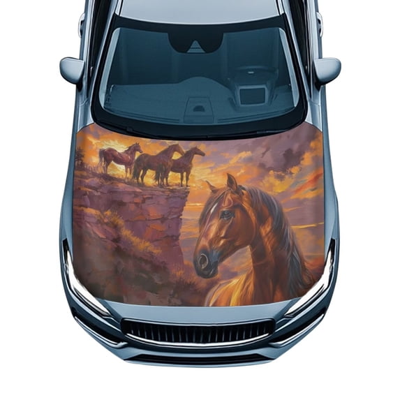 KUIFORTI Horse Sunset Print Car Hood Cover Windproof Fade-Resistant Can be Washed Auto Hood Protector Exterior Accessories Automotive Decoration Fits Most Sedans SUVs Trucks Pickups