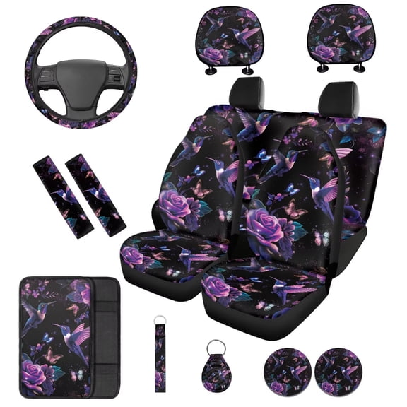 KUIFORTI Hummingbird Flower Auto Seat Covers 14 Pack with Car Steering Wheel Cover Auto Center Console Pad Auto Seat Belt Cover Car Headrest Covers for Cars Sedans and SUVs