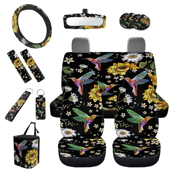 KUIFORTI Hummingbird Flower Car Seat Covers Full Set 13 Piece Seat Covers Steering Wheel Cover Seatbelt Covers Keychain Lipstick Protector Cup Coasters Car Trash Bag Rear View Mirror Cover