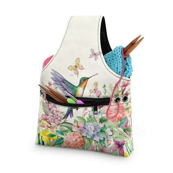 KUIFORTI Hummingbird Knitting Yarn Bag, Flower Crochet Bags for Women Tote Bag for Knitting Needles, Yarns and Unfinshed Project, Crochet Hook Organizer, Small Size