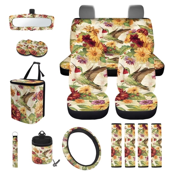 KUIFORTI Hummingbird Print Car Seat Cover Set Wear-Resistant Set 15 Pcs Automotive Front Seat & Bench Back Seat Cover Washable Breathable Non Slip Fits for Cars Truck SUV