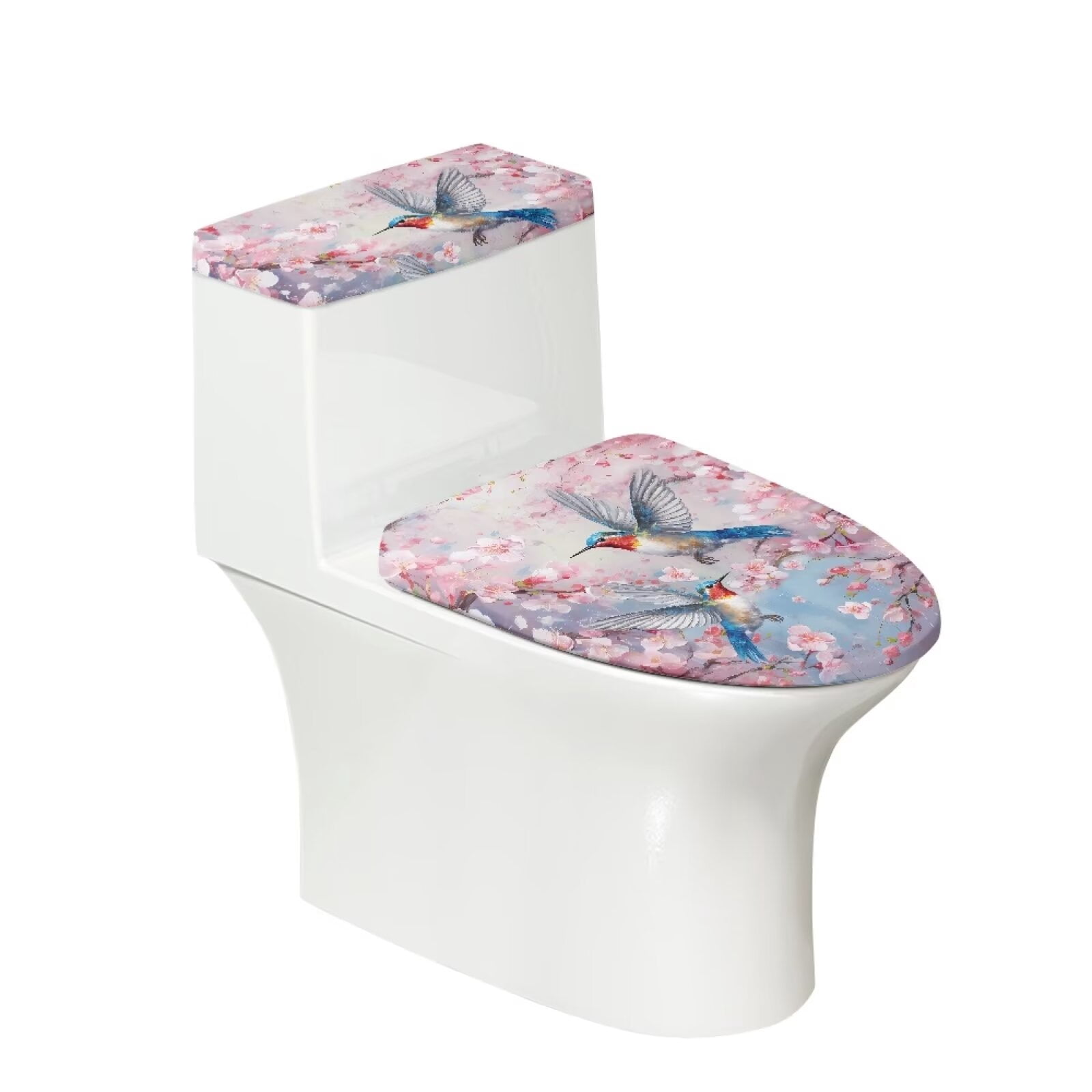 Hummingbird Stretchable Toilet Lid & Tank Cover Set - Dustproof, Machine Washable Cover For Elongated & Round Toilets