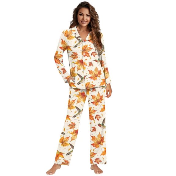 KUIFORTI Hummingbird Womens Pajamas Soft Button-Down Top Soft Comfortable Fabric Loungewear with Full-Length Bottom Long Pants with Pockets for Mom Daily Lounging Casual Sleep Holiday Nightwear