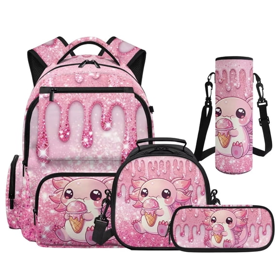 KUIFORTI Ice Cream Axolotl Backpack and Lunch Box Girls Bookbag Pencil Case Water Bottle Sleeve for Elementary Primary Middle Kid School Bag Set 4Pcs