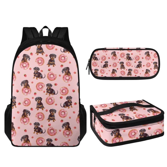 KUIFORTI Insulated Lunch Box Laptop Backpack Pencil Case 3 Pack Cooler Bag Messenger Bag Accessories, Dachshund Doughnut