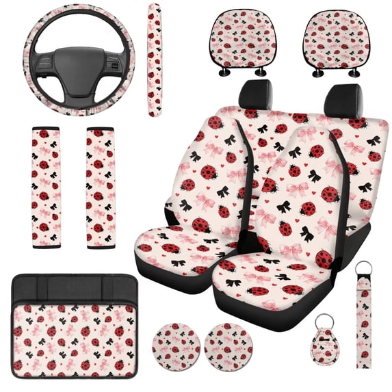 KUIFORTI Ladybug Bow Car Seat Covers Full Set Easy Installation 14 Pack Lanyard Keychain Holder Included Universal Fit Cars SUV Trucks Durable Elastic Fabrics Non Slip Comfortable