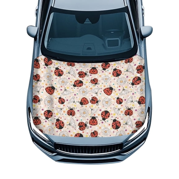 KUIFORTI Ladybug Floral Print Car Hood Cover, Removable Auto Hood Protector Exterior Accessories, Fade-Resistant Covers with Elastic Band for Sedans Trucks SUVs Pickups