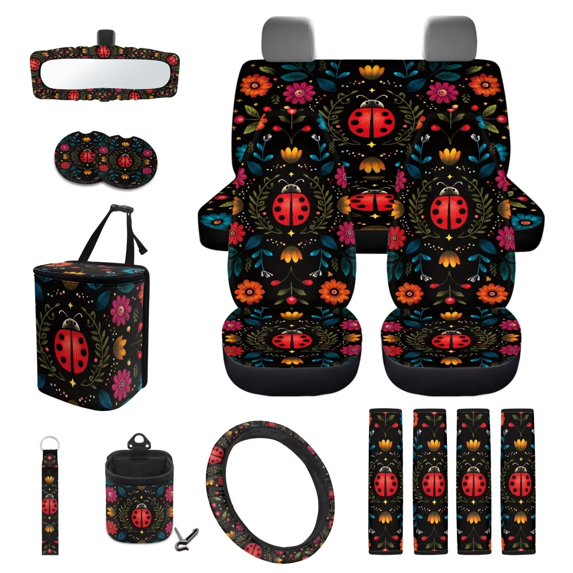 KUIFORTI Ladybug Flower Car Seat Cover Set Easy to Install Set 15 Pcs Automotive Rear Front Seat Protector Rear View Mirror Cover Non Slip Breathable Universal Fit Cars SUV Trucks