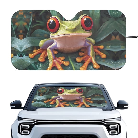 KUIFORTI Large Car Windshield Sun Shade Foldable Front Window Cover, Green Frog Sun Visor for Car, SUV, Truck, Van, Reflective Polyester Blocks Heat and Sun, Keeps Your Vehicle Cool