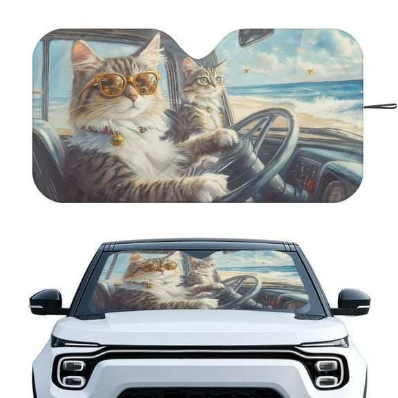 KUIFORTI Large Windshield Sun Shade Funny Cat Windshield Sunshade Uv Ray Reflector Front Window Sun Shade Visor Shield Cover for Car SUV Truck Sedan Van Hatchback
