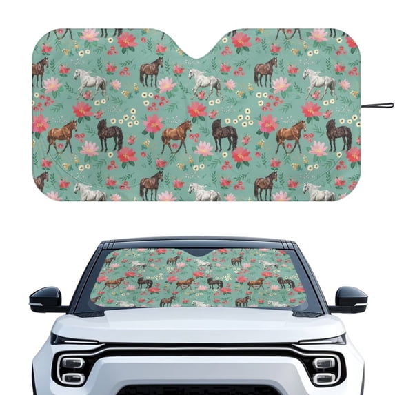 KUIFORTI Large Windshield Sun Shade for SUV, Truck, Sedan, Van, Foldable Sun Sunshade for Car Front Window Blocks UV Rays and Heat Universal Fit Automotive Interior Protector, Horse Green