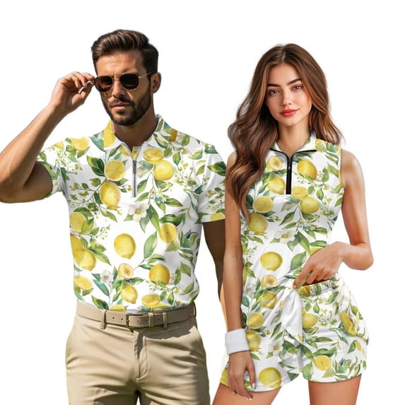 KUIFORTI Lemon Flower Couple Golf Matching Outfits Matching Couple Golf Shirts Woman Golf Clothing Set with Pocket Built in Shorts Breathable Fabric for Golf,Tennis,Hiking,Running,Gym