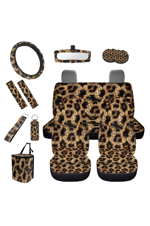 Leopard Print 13 PCS Car Seat Cover Set Car Seat Cover Steering Wheel Cover Seat belt Cover Pad Keychain Chapstick Holders Cup Coasters Car Trash Bag Rear View Mirror Cover