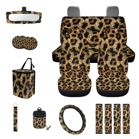 KUIFORTI Leopard Print Car Seat Covers Full Set 15 Piece Seat Covers Steering Wheel Cover Seatbelt Covers Car Cup Coasters Car Trash Bag Air Vent Storage Bag Rear View Mirror Cover Keychain