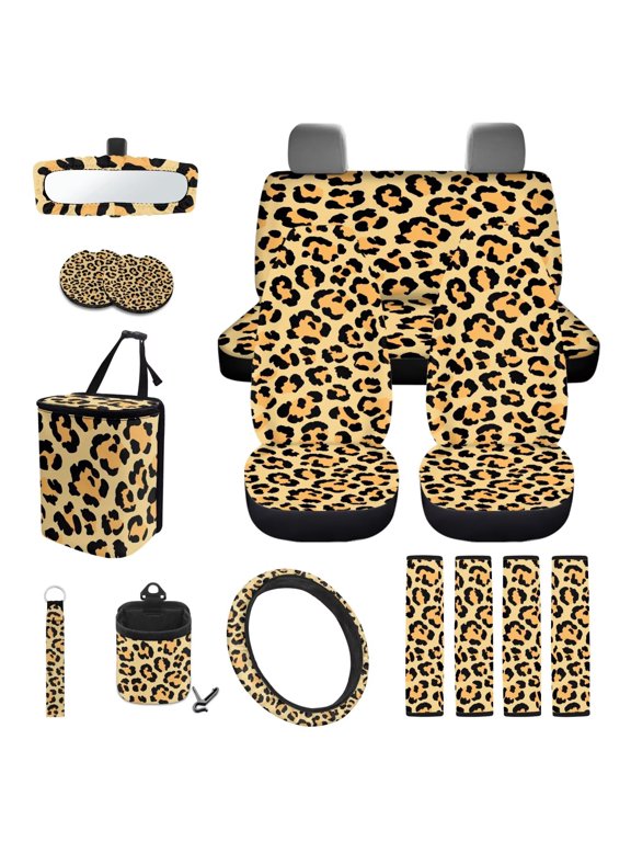 Leopard Print Car Seat Covers Full Set 15 Pieces Full Set Car Accessories Lanyard Keychain Holder Easy to Install Anti Slip Fit Most Car, Truck, Suv, or Van