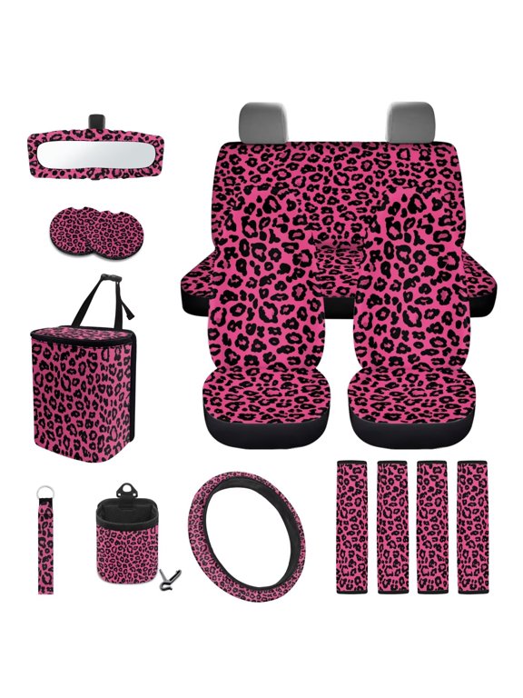 Leopard Print Pink Automobile Seat Cover Sets Elastic Fabrics Set of 15 Automotive Rear Front Seat Protector Easy to Install Soft Breathable Universal fit for SUV,Van,Saden,Truck