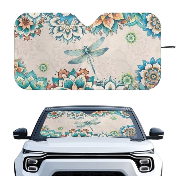 KUIFORTI Mandala Dragonfly Windshield Sun Shade for Women, Universal Car Front Window Covers for Car Accessories Sun Heat UV Rays Visor Protector for Cars SUV Truck