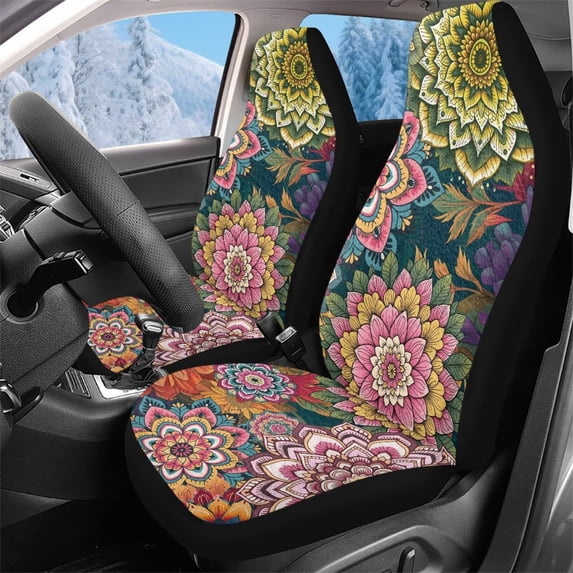 KUIFORTI Mandala Floral Automotive Seat Cover Elastic Fabrics Front Seats Only Warm Comfortable Auto Interior Covers Easy Installation Compatible for Cars Sedans SUV