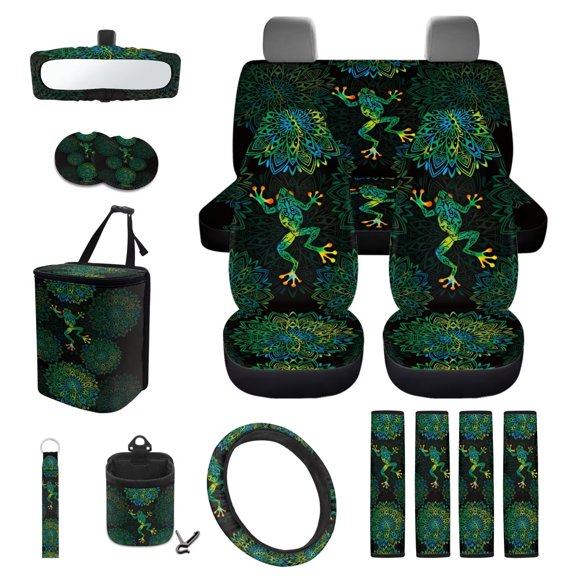 KUIFORTI Mandala Frog Car Seat Covers All-Season Protection 15 Pack Aotumotive Interior Sets with Car Steering Wheel Cover Anti Slip Washable Durable for Most Sedan Truck SUV