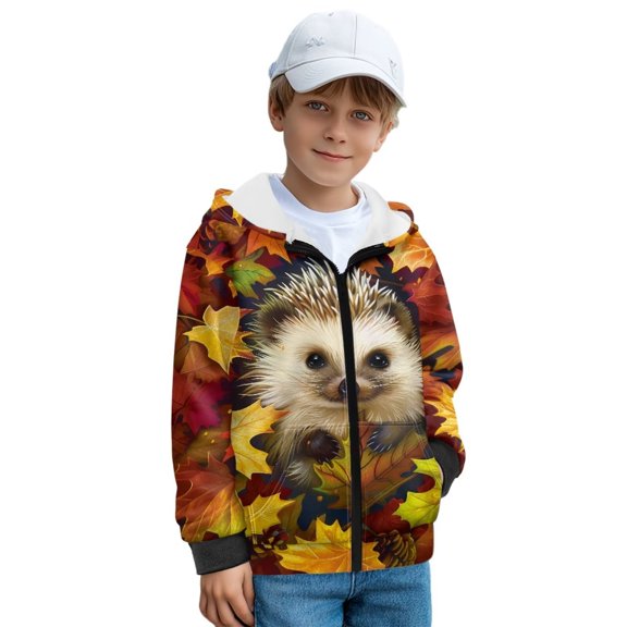 KUIFORTI Maple Hedgehog Boys Crewneck Sweatshirt Fleece-Lined Active Performance Zip Up Hoodies for Boys Soft Thick Fall Winter Outwear for Outdoor Activity