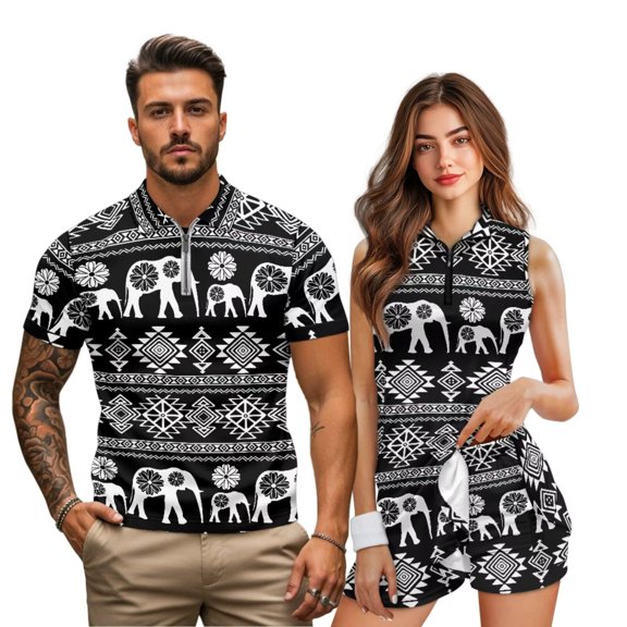 KUIFORTI Matching Couple Golf Shirts & 2-Piece Tennis Dress Set, Black Elephant Print Quarter Zip Lapel Outfits, Breathable Quick Dry His Hers Summer Sport Casual Wear Gifts for Couples