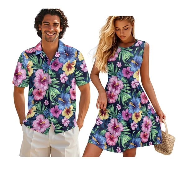 KUIFORTI Matching Couple Outfits Quick-dry Husband and Wife Clothing Womens Summer Dresses Hibiscus Floral Loose Cut Round Neck for Beach Seaside