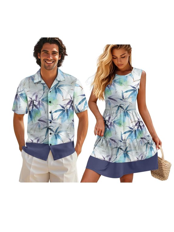 Matching Couple Outfits Retro Leaf Women's Casual Dresses & Men's Hawaiian Shirt Men Shirts 4-Way Stretch Breathable Suitable for Everyday Casual Wear