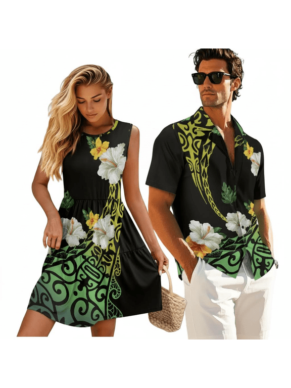 Matching Couple Outfits Round Neck Green Polynesian Casual Sleeveless Sundress Symmetrical Hem Tank Midi Dress 4-Way Stretch Lightweight His and Hers gifts