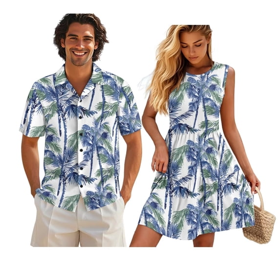 KUIFORTI Matching Couple Outfits Washable His and Hers Summer Outfits Quick-dry Hawaiian Palm Tree Suitable for Everyday Casual Wear 4-Way Stretch Soft and Comfortable